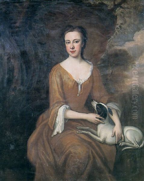 Portrait Of A Lady With A Dog On Her Lap In A Rocky Wooded Landscape - view 1