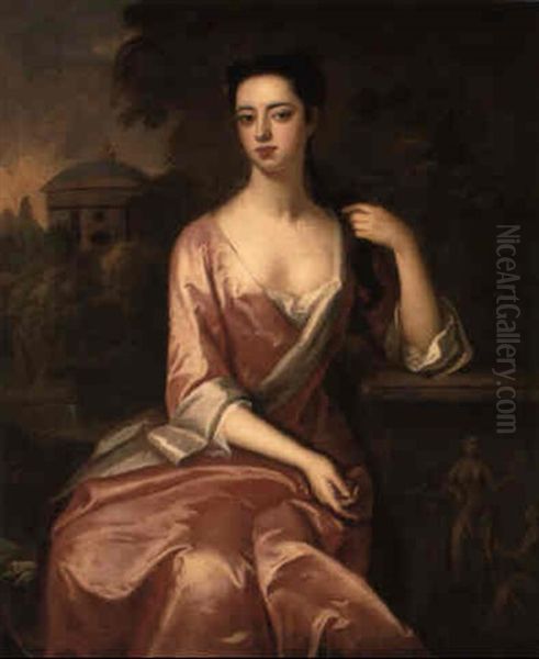 Portrait Of A Lady In A Pink Gown In A Garden Beside A Low Relief Sculpture - view 1