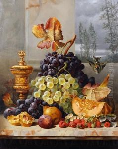 Still Life Of Fruit On A Marble Ledge by Charles E. Baskett