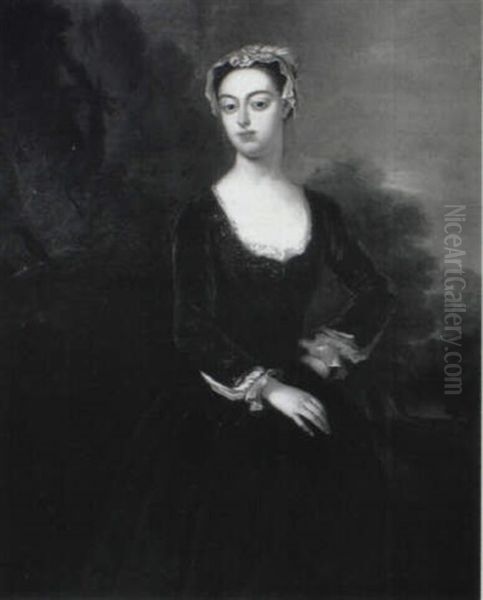 Portrait Of A Lady, Three-quarter Length, In A Green Embroidered Riding Riding Dress Holding A Whip In A - view 1
