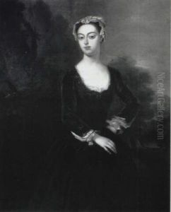 Portrait Of A Lady, Three-quarter Length, In A Green        Embroidered Riding Riding Dress Holding A Whip In A