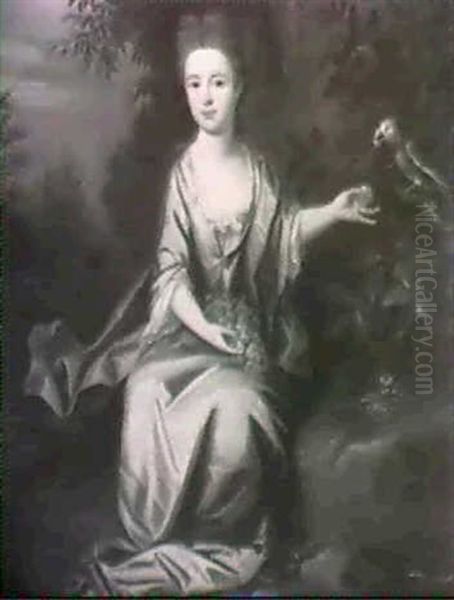 A Young Girl Seated In A Park Landscape Holding A Bunch Of  Grapes And Feeding A Cockatoo To The Right - view 1