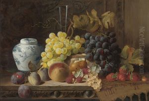 A Ginger Jar With Plums, A Peach, Pear, Raspberries, Whitecurrants, Black And White Grapes, Strawberries, A Glass Flute, Amother-of-pearl Box And A Rug On A Carved Wooden Table