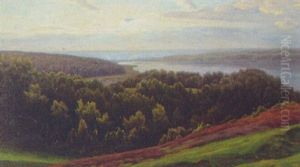 Skovklaedt Landskab Med Udsigt Over Mariager Fjord by Henrik Gamst Jespersen