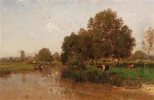 River Landscape With Cows Resting - view 1