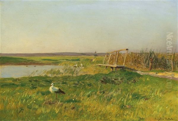 A Springtime Landscape With Storks By A Pond - view 1
