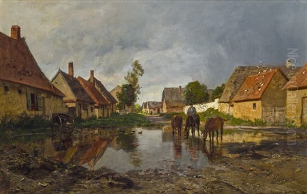 Dorfstrase Mit Trinkenden Pferden - view 1
