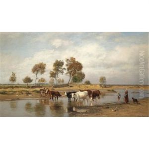 Kuhe An Der Tranke (cows At The Watering Place) by Eugen Jettel