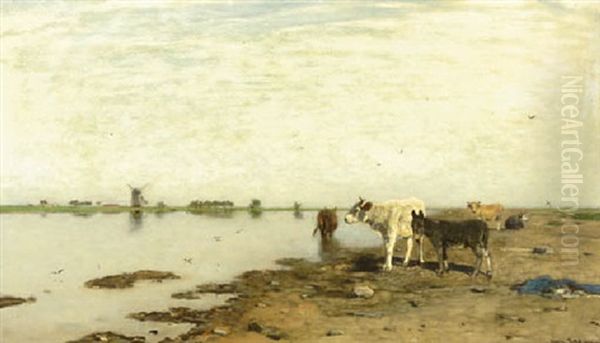 Summer: Cows And A Donkey On A River Bank - view 1