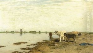 Summer: Cows And A Donkey On A River Bank by Eugen Jettel