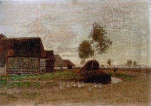 Hollandische Flusslandschaft Mit Bauernhausern Und Scheunen by Eugen Jettel