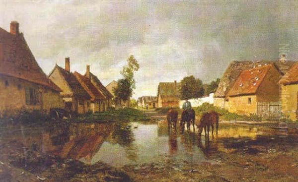 Horses Watering In A Country Village - view 1
