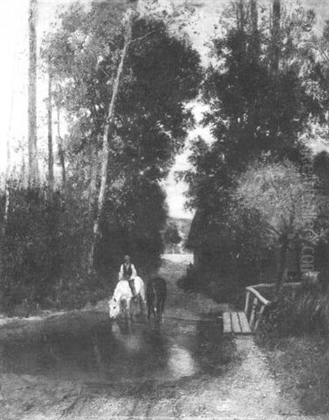 Bewaldete Landschaft Mit Zwei Pferden An Der Wasserstelle - view 1
