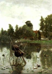 River Landscape With Weavers Nests And A Farmhouse On The Bank by Eugen Jettel
