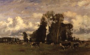 Weidende Kuhe In Aulandschaft by Eugen Jettel