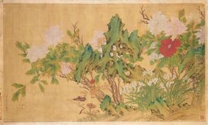 Peonies, Daffodils And Lingzhi Mushrooms by Jiang Tingxi