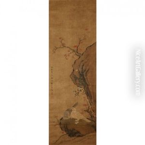 A Chinese Painting Of Pigeons On Cliff by Jiang Tingxi