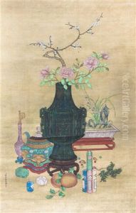 A Chinese Ink And Color Painting On Silk by Jiang Tingxi