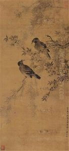 Peach Blossoms And Mynah Bird by Jiang Tingxi