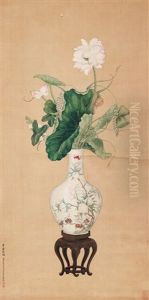 A Hanging Scroll Of Lotus Flowers In A Vase