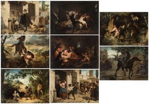 A Group Of 8 Paintings Depicting Scenes From "don Quijote De La Mancha" By Miguel De Cervantes