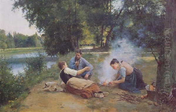 Figures Picnicking On A Sunlit Path Beside A River - view 1