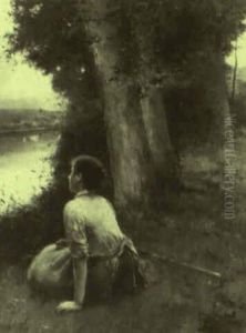 Jeune Femme Assise Pres D'un Arbre Au Bord De L'eau