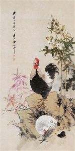 Chickens Flowers And Rock by Jin Mengshi