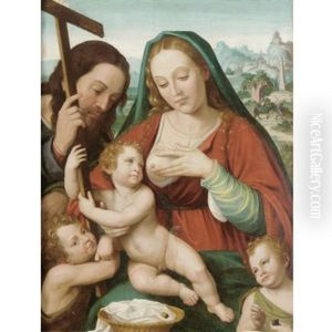 The Holy Family With The Infant Saint John The Baptist And An Angel by Joan De Joanes
