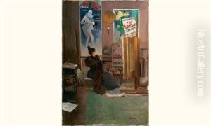 Jeune Femme Dans L'atelier De Jules Cheret by Etienne Albert Eugene Joannon-Navier