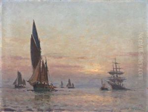 Rentree De Barque De Peche Au Soleil Couchant by Paul Jobert