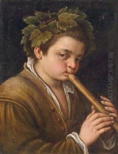 Einjunger Lorbeerbekranzter Flotenspieler by Jacopo Bassano (Jacopo da Ponte)