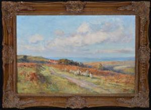 Sheep On A Moorland Track Overlooking The Sea by Robert Jobling