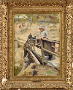 A Fishergirl On The Old Wooden Bridge At Staithes Harbour by Robert Jobling