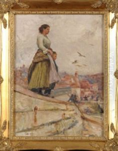 A Fishergirl And Boy Looking Out To Sea From The Pier At Staithes, North Yorkshire