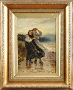Waiting For The Fleet's Return - Two Cullercoats Fisherwomen On A Stormy Shore by Robert Jobling