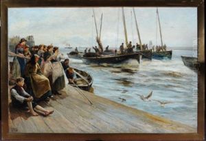 On The Quay - North Shields Fisherwomen Greeting The Arrival Of The Fishing Fleet by Robert Jobling