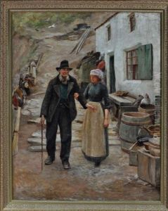 A View At Staithes Village, Yorkshire With A Fisherwoman Guiding An Elderly Man by Robert Jobling