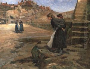 Cullercoats Beach- Fishwives By The Breakwater At Low Tide by Robert Jobling