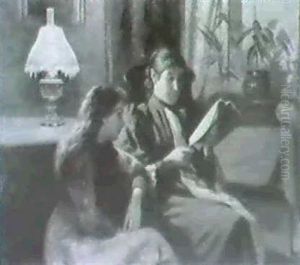 The Artist's Wife And Daughterreading By A Lamplight