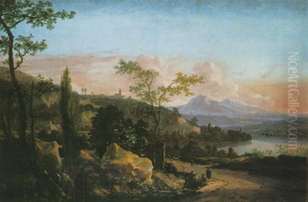 An Italianate River Landscape At Sunset With Figures On A Track - view 1