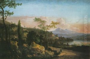 An Italianate River Landscape At Sunset With Figures On A Track by Hans De Jode
