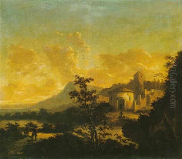 Italianate Landscape With Huntsmen, A Fortified House Beyond - view 1
