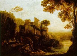 An Italiante River Landscape With Figures Resting On A Track By A Villa by Hans De Jode