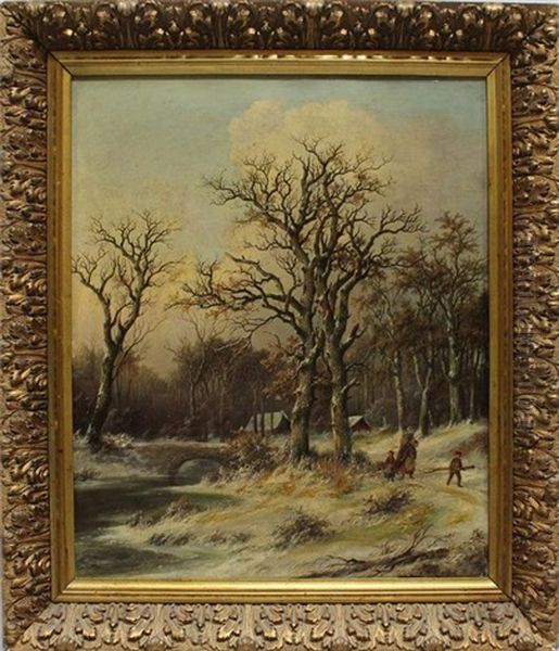 Winterlandschaft Mit Familie An Einem Zugefrorenem Flusslauf - view 1