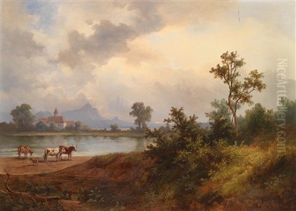 Voralpenlandschaft Mit Einer Am Wasser Gelegenen Kapelle - view 1