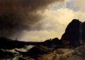Kystlandskap Med Laksetrapp Og Sjoboder by Nils Andreas Johannesen