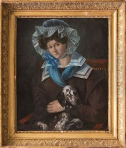 Jeune Femme Elegante Tenant Son Chien Sur Ses Genoux by Alfred Johannot