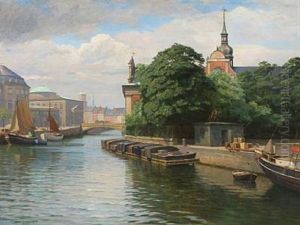 Scene From Copenhagen With A View Towards Slotsholmen And Holmens Church