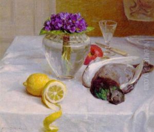 Nature Morte Med Tyrkerdue, Citroner Og Buket Af Violer I En Vase